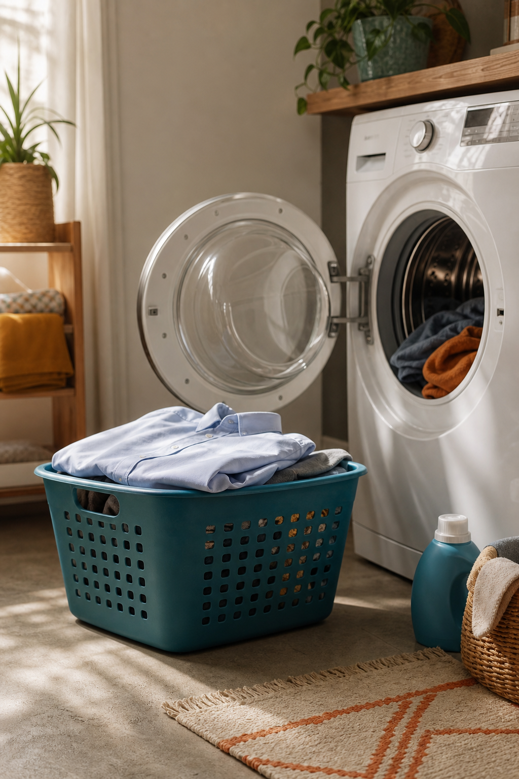 Laundry basket beside an open washing machine