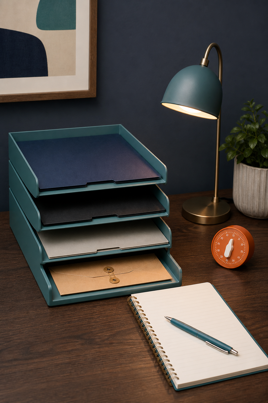 Document trays, an envelope, notebook, pen, and timer on a home desk
