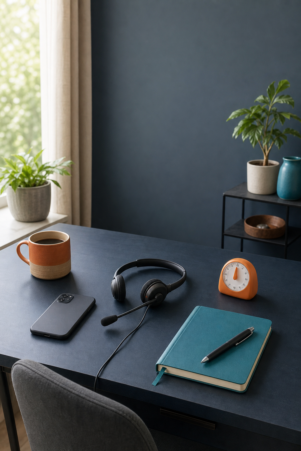 Phone, headset, timer, notebook, and mug arranged on a home desk