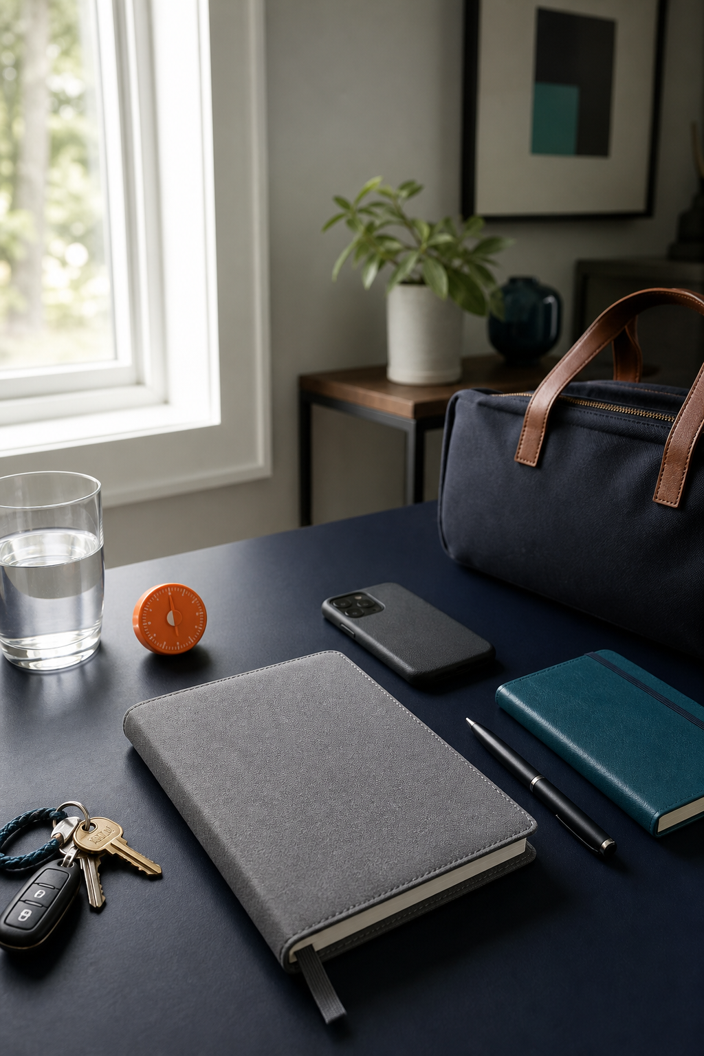 Notebook, phone, keys, timer, water, and bag ready for an important appointment