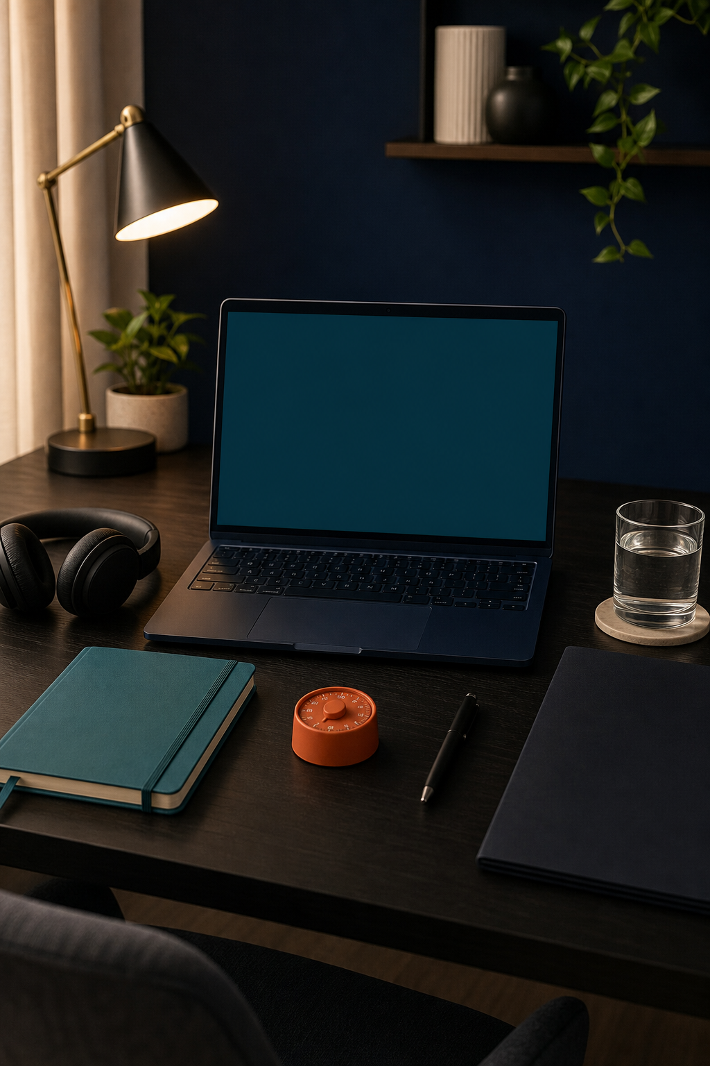 Calm work desk with an open laptop showing a blank teal screen, teal notebook, orange timer, headphones, water, folder, pen, lamp, and plant