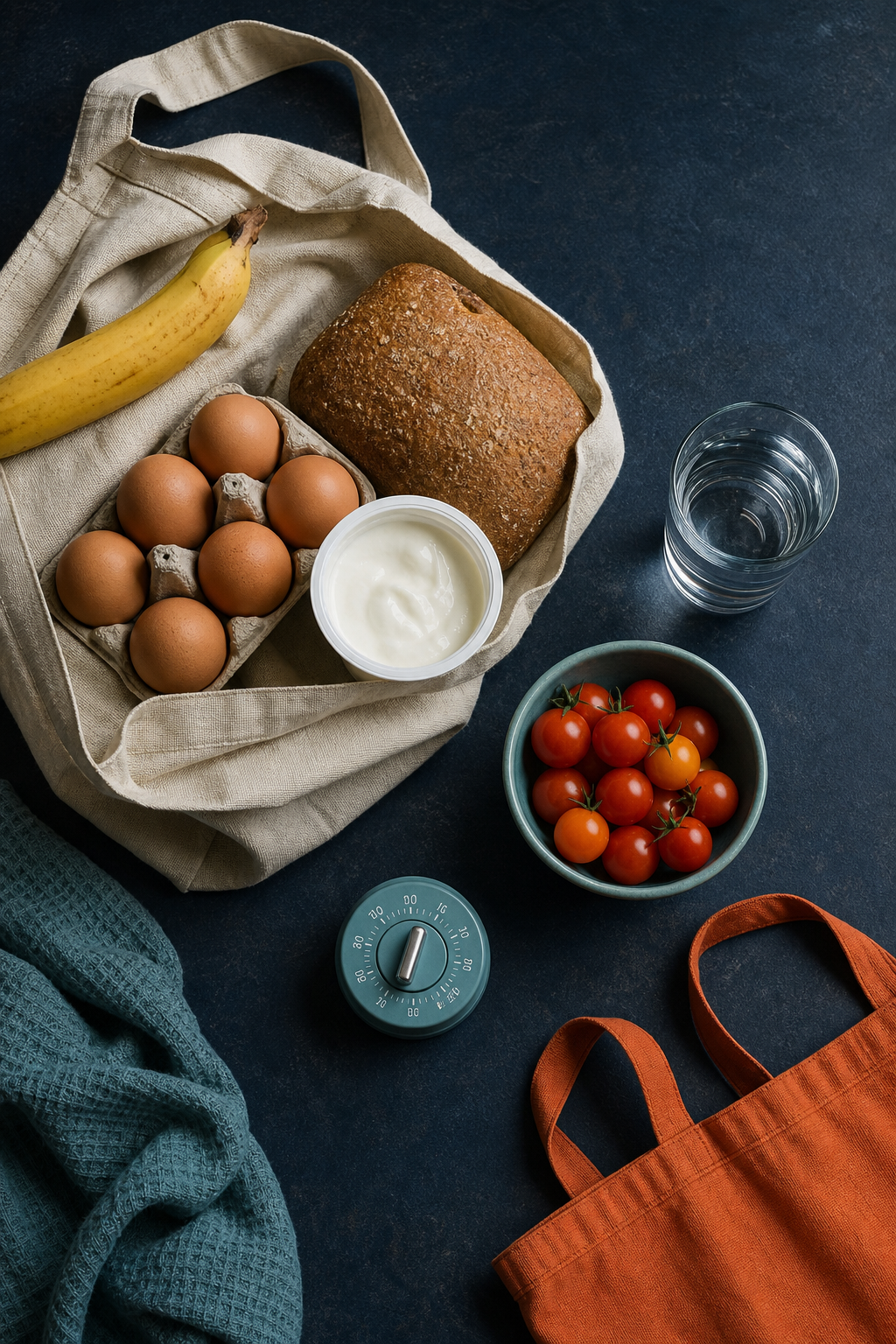 A canvas grocery tote with simple food, water, a teal timer, and an orange reusable bag on a dark counter