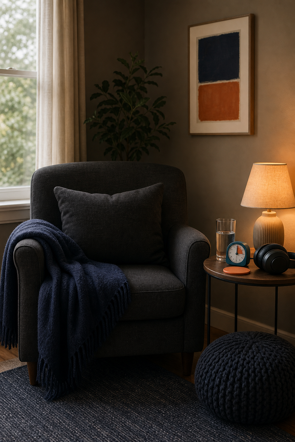 Quiet home chair with navy blanket, water, teal timer, headphones, and warm lamp ready for a lower-demand day