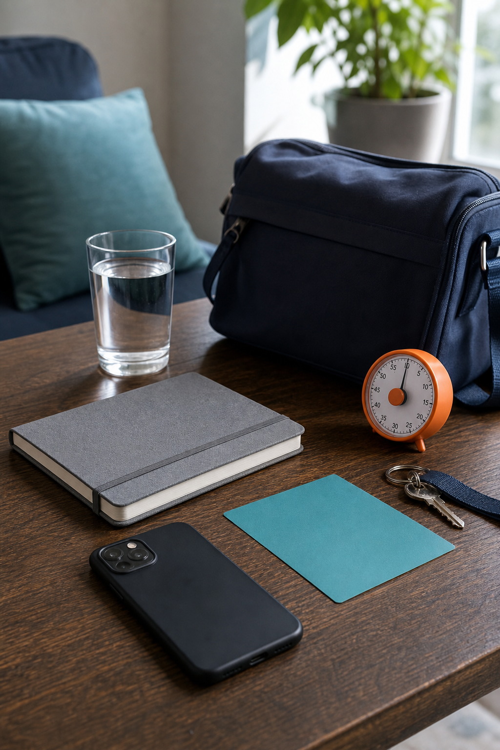Notebook, phone, keys, timer, water, and bag ready to restart an important contact