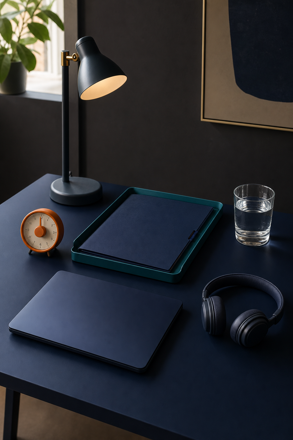 Navy work desk with project folder in a teal tray, orange timer, water, headphones, lamp, and closed laptop
