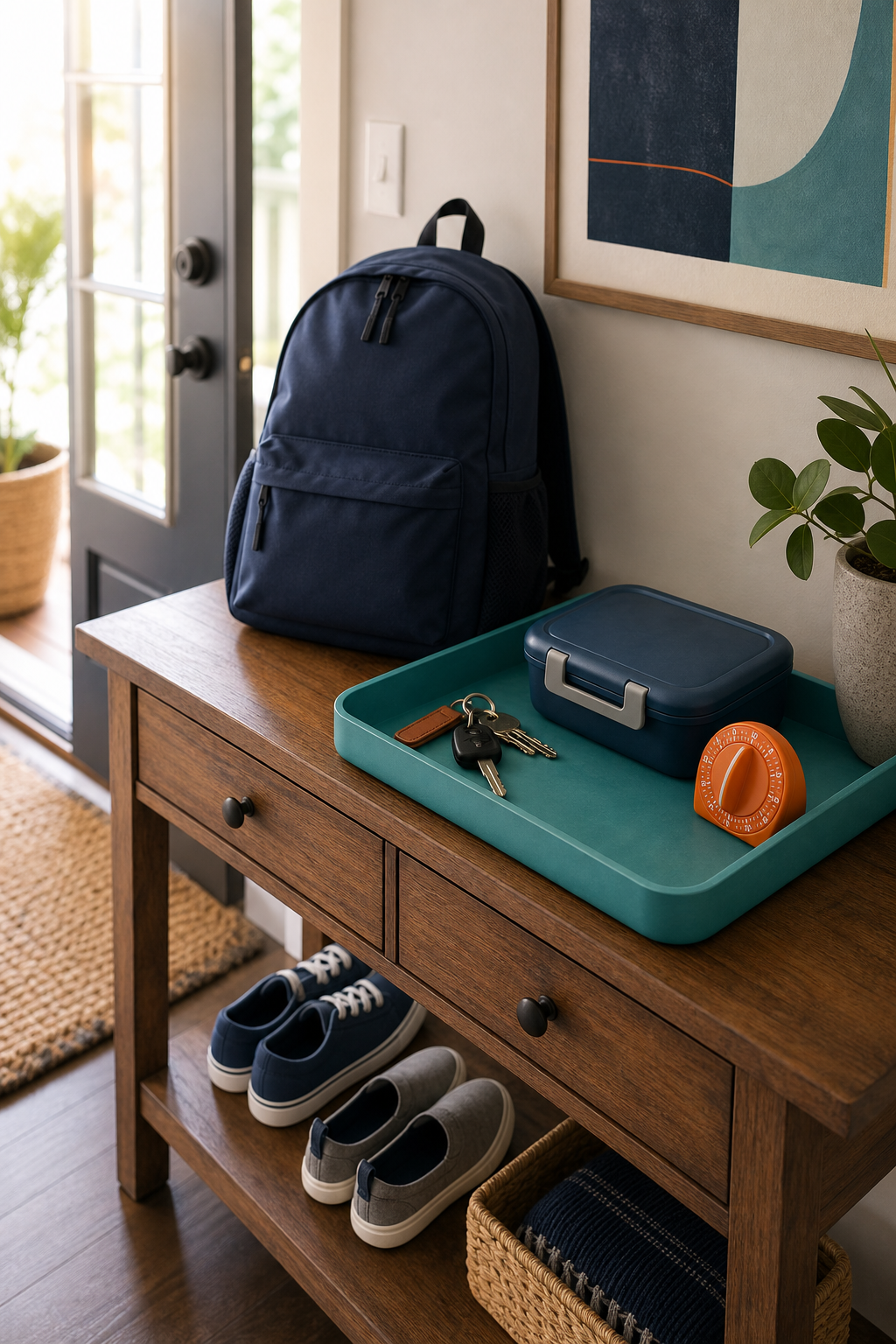 Backpack, lunchbox, keys, shoes, and timer at a home entry table