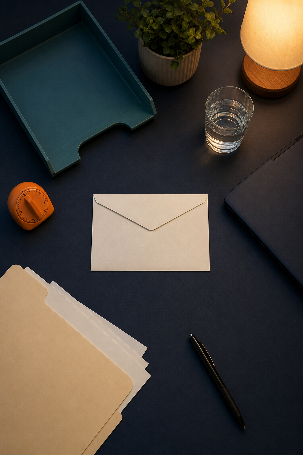 Navy home admin desk with a blank envelope, teal document tray, orange timer, folders, pen, water, lamp, and closed laptop
