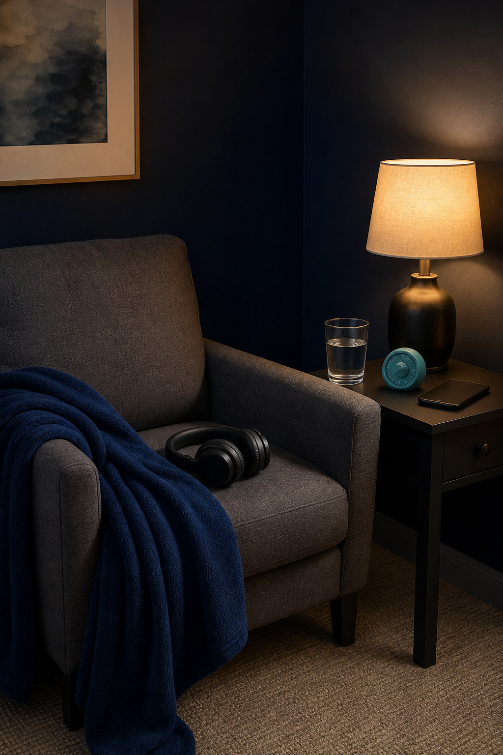 Quiet charcoal armchair with navy blanket and headphones beside water, teal timer, face-down phone, and warm lamp