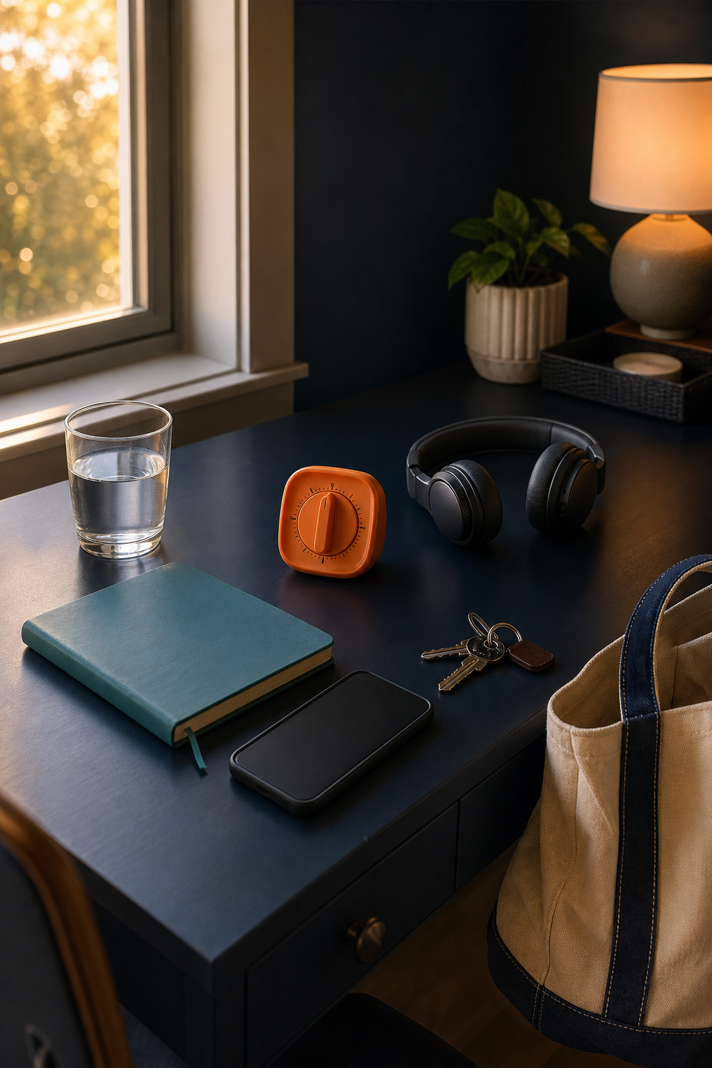 Navy desk by a warm window with water, orange timer, teal notebook, headphones, keys, face-down phone, lamp, and canvas tote
