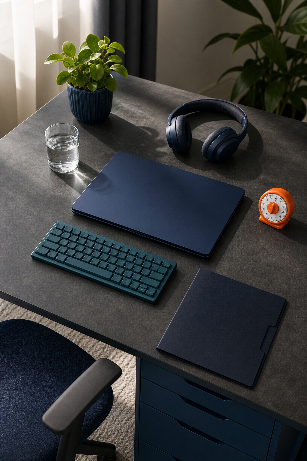 Calm work desk with closed navy laptop, teal keyboard, timer, headphones, water, plant, and a dark project folder