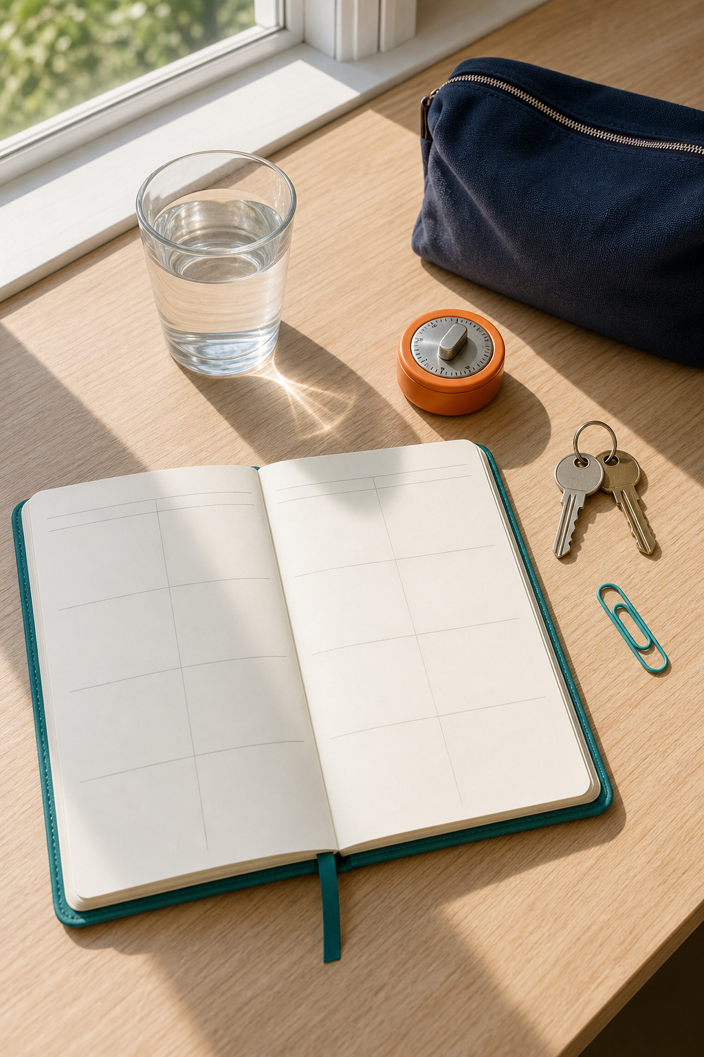 Blank teal planner, water, orange timer, keys, navy pouch, and teal paper clip on a pale wood desk by a window