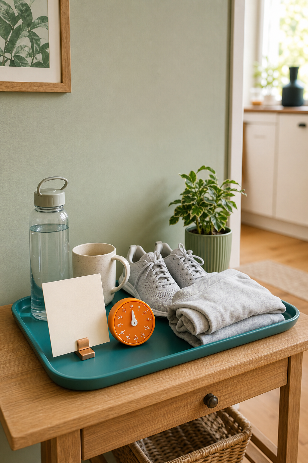 Teal tray with water bottle, plain mug, sneakers, folded grey sweatshirt, orange timer, and blank card on a wood entry table
