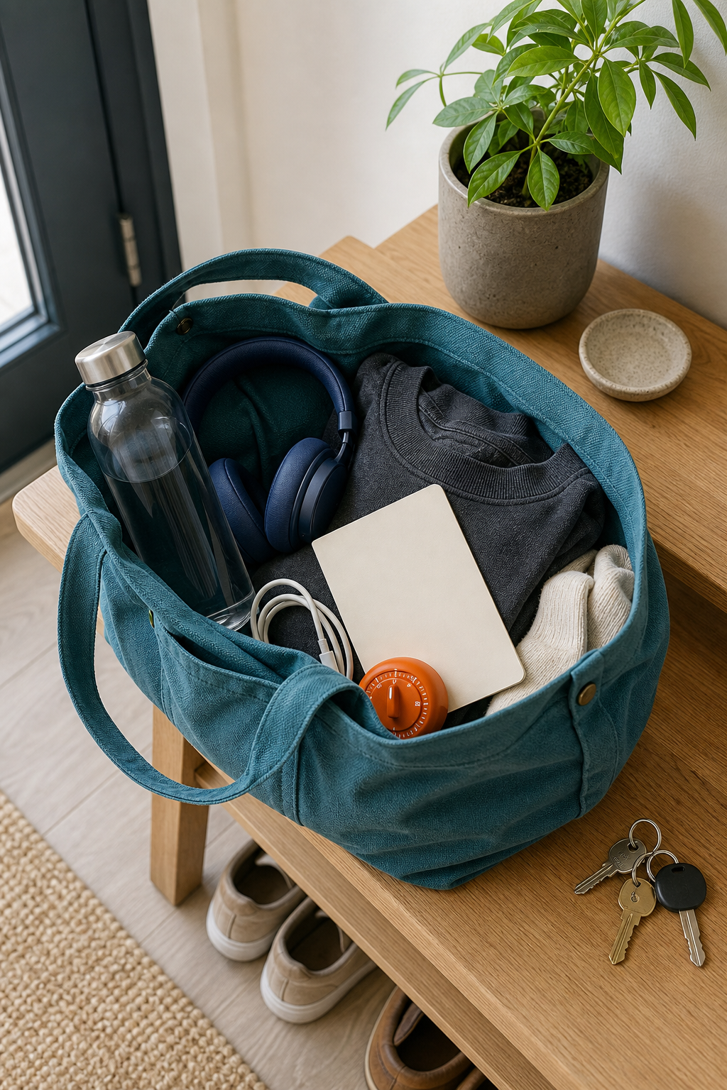 Open teal tote with water, headphones, charger, folded charcoal sweatshirt, socks, orange timer, keys, and a blank card by a front door