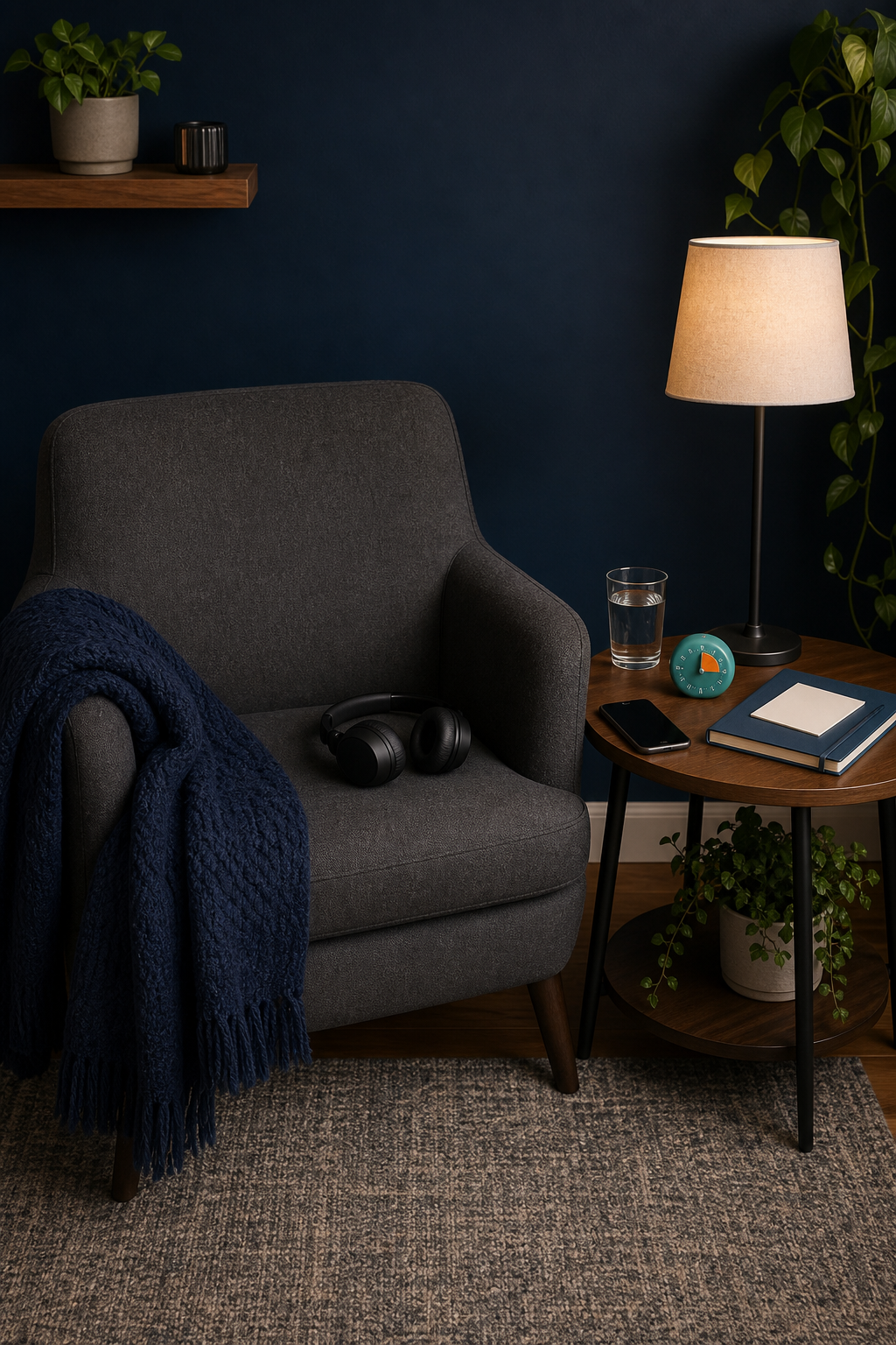 Quiet charcoal armchair with navy blanket, headphones, water, teal timer, face-down phone, and warm lamp