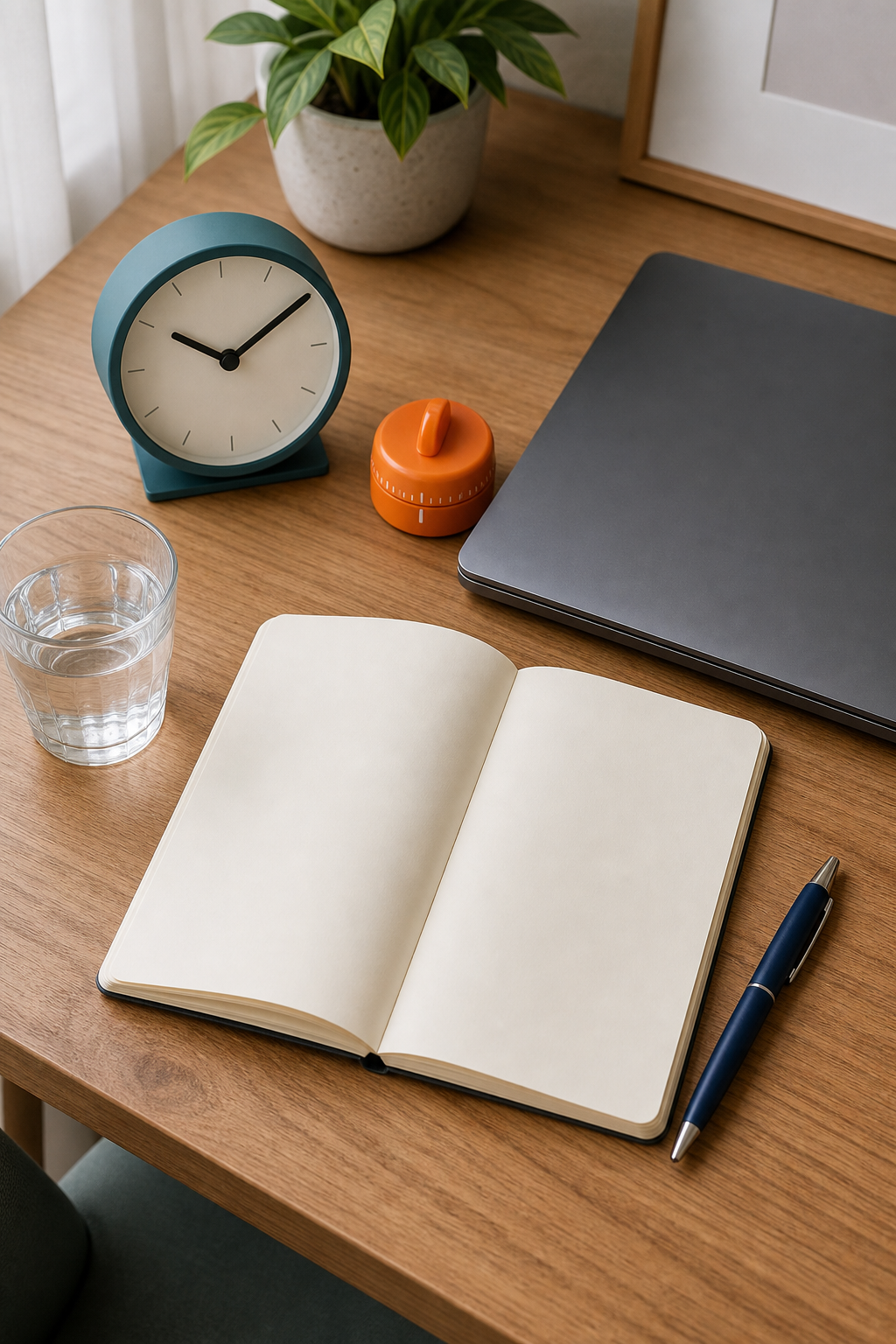 Teal clock, orange timer, blank notebook, water, pen, and closed charcoal laptop on a wood desk