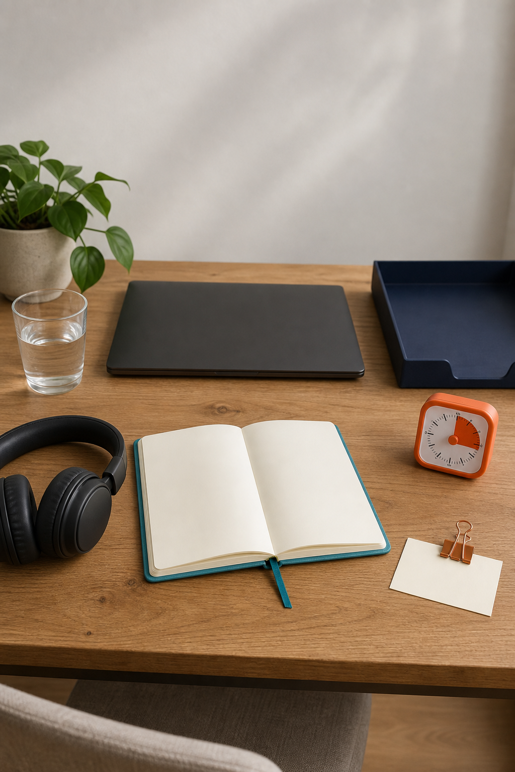 Calm wood desk with a blank teal notebook, headphones, water, orange timer, dark laptop, and blue document tray